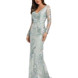 (114) BNWT MAC DUGGAL EMBELLISHED V NECK ILLUSION LONG SLEEVE GOWN #67539